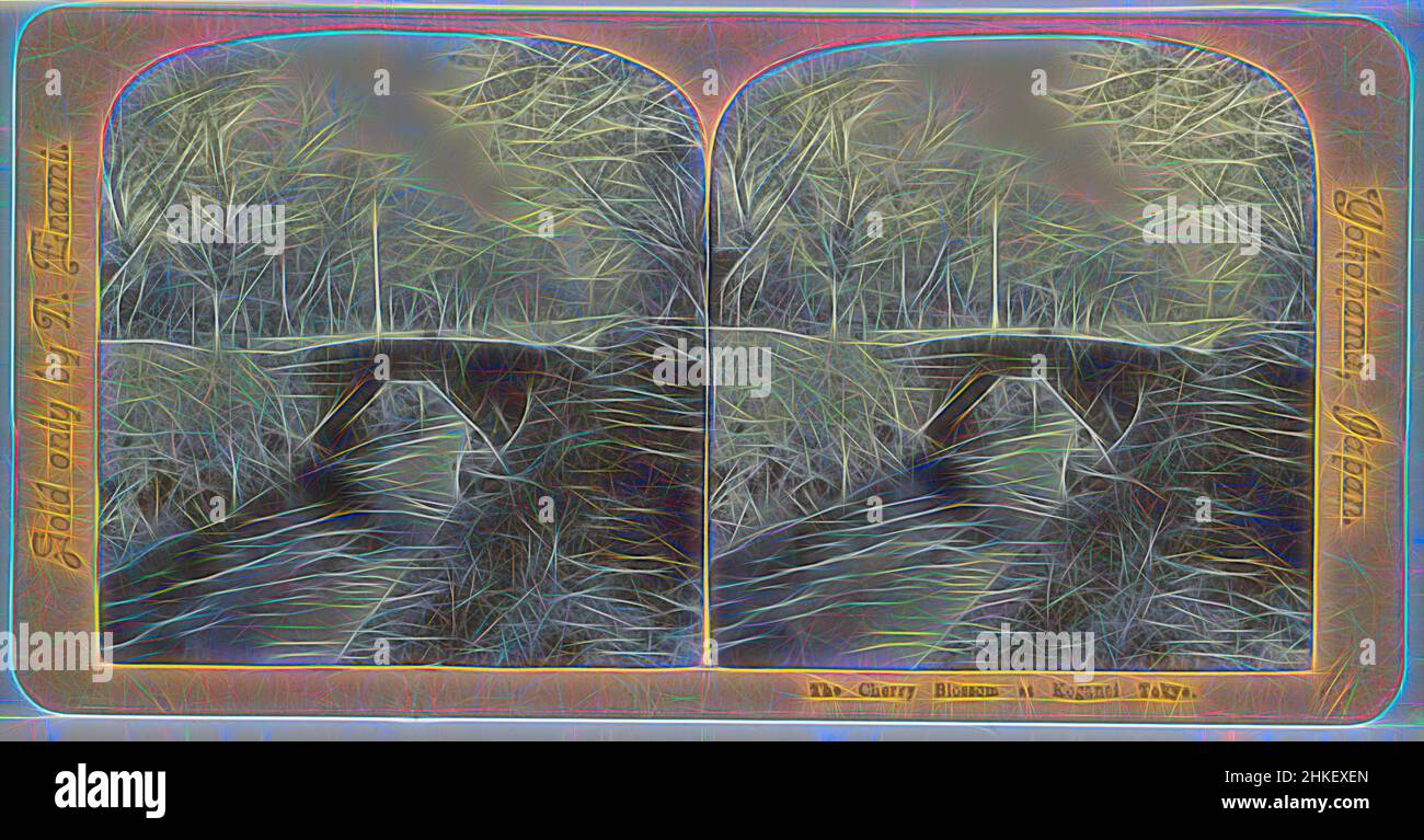 Ispirato dal fiume Shakujii a Koganei, Giappone, il fiore Cherry aty Koganei Tokyo, T. Enami, editore: T. Enami, Koganei, editore: Yokohama, 1900 - 1907, carta baryta, altezza 90 mm x larghezza 178 mm, reinventata da Artotop. L'arte classica reinventata con un tocco moderno. Design di calda e allegra luminosità e di raggi di luce. La fotografia si ispira al surrealismo e al futurismo, abbracciando l'energia dinamica della tecnologia moderna, del movimento, della velocità e rivoluzionando la cultura Foto Stock