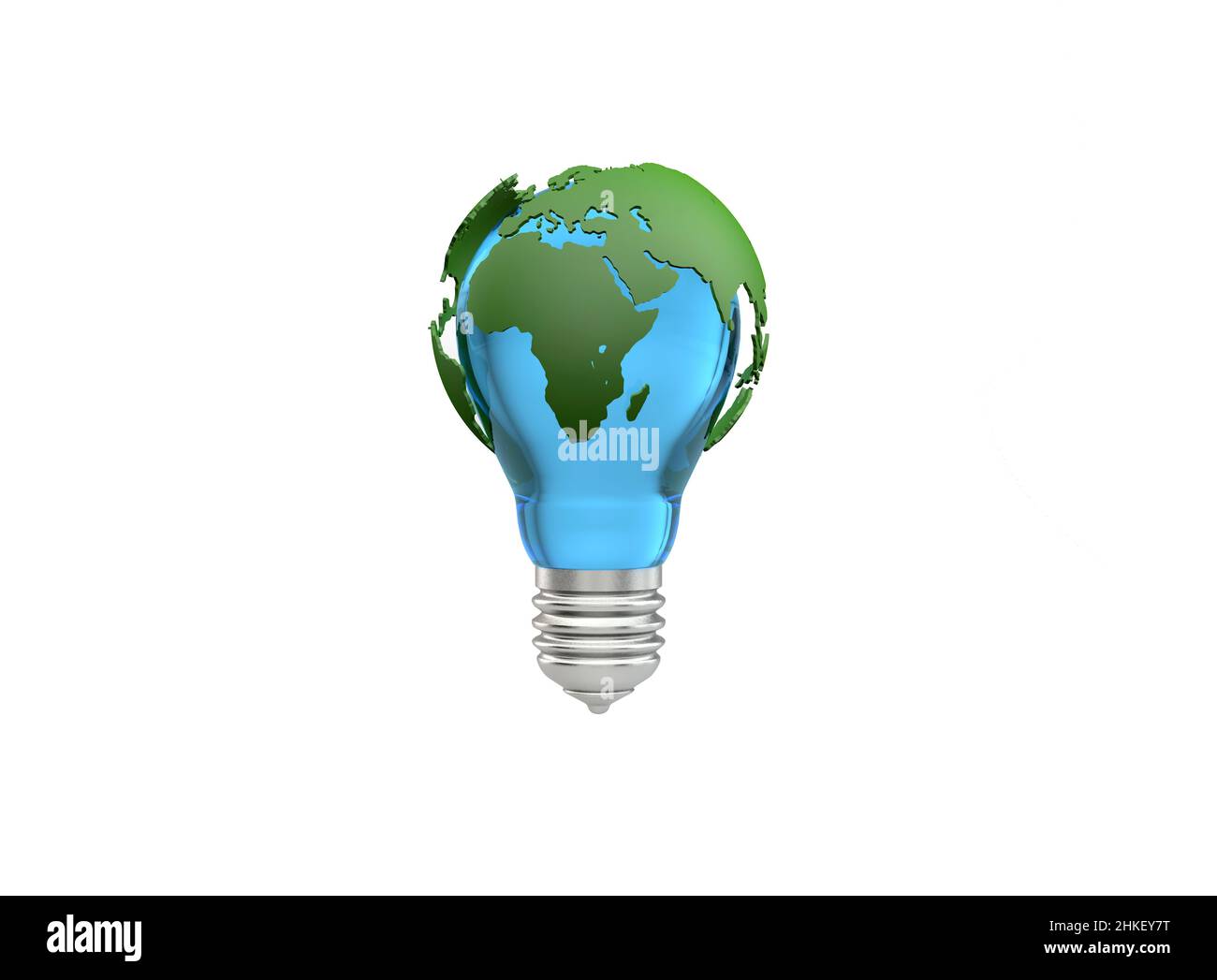 3D pianeta Terra in una lampadina elettrica isolata su sfondo bianco vuoto. Concetto di ecologia, elettricità, conservazione ambientale, risorse energetiche rinnovabili. Illustrazione 3D di alta qualità Foto Stock