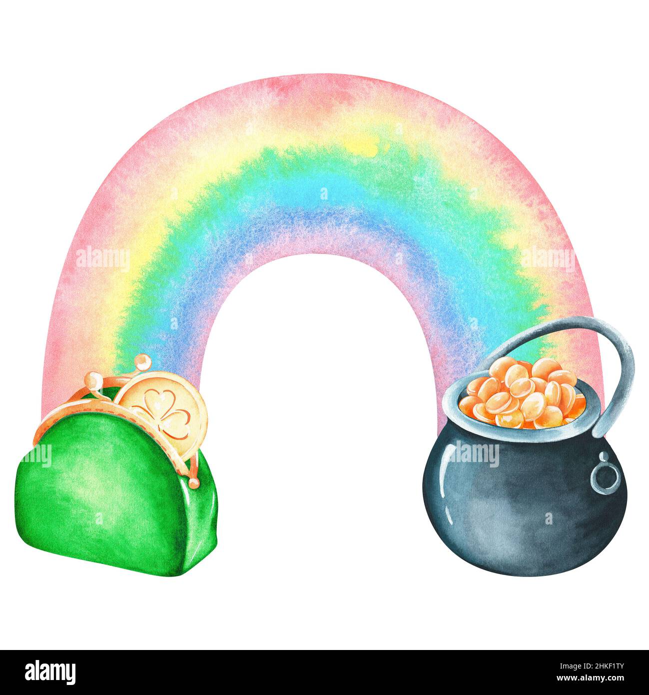 Un arcobaleno tra un vaso d'oro e una borsa. Giorno di San Patrizio. Illustrazione dell'acquerello. Isolato su sfondo bianco. Per il tuo design. Foto Stock