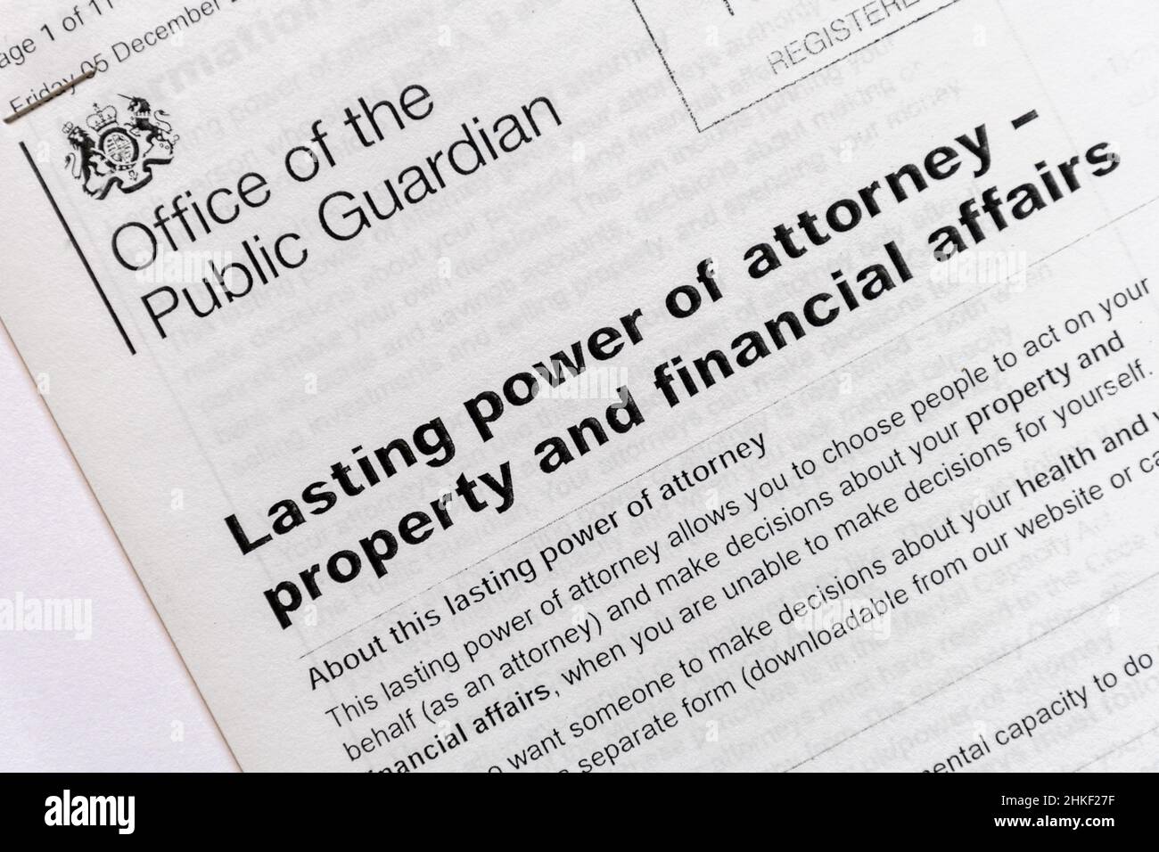 Documento del potere d'avvocato permanente (LPA) - Proprietà e affari finanziari, rilasciato dall'Ufficio del Guardiano pubblico, Inghilterra, Regno Unito Foto Stock