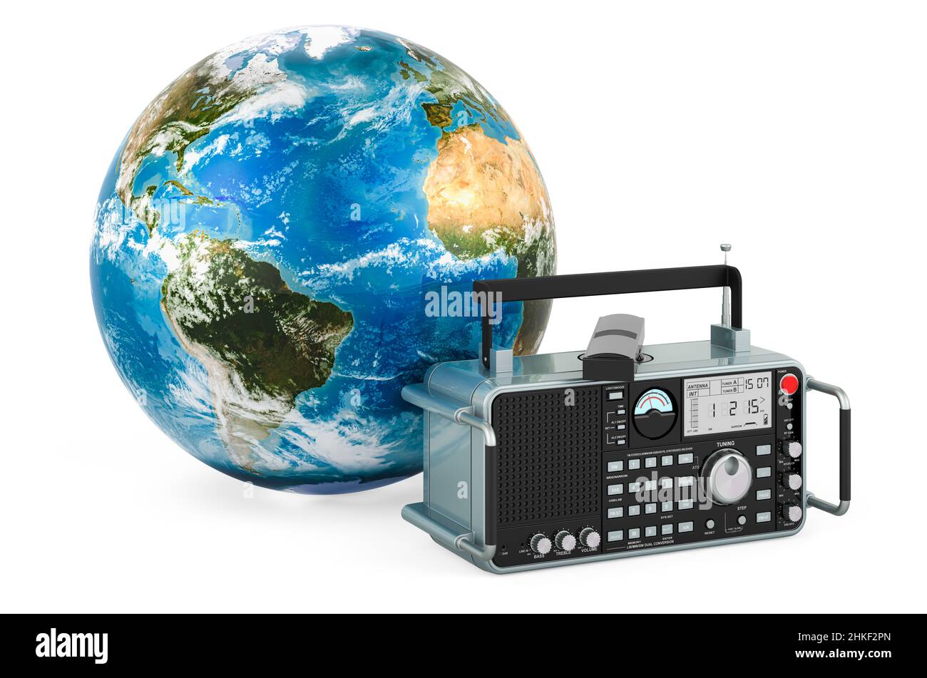 Radio digitale con Earth Globe. Giornata mondiale della radio, concetto. 3D rendering isolato su sfondo bianco Foto Stock