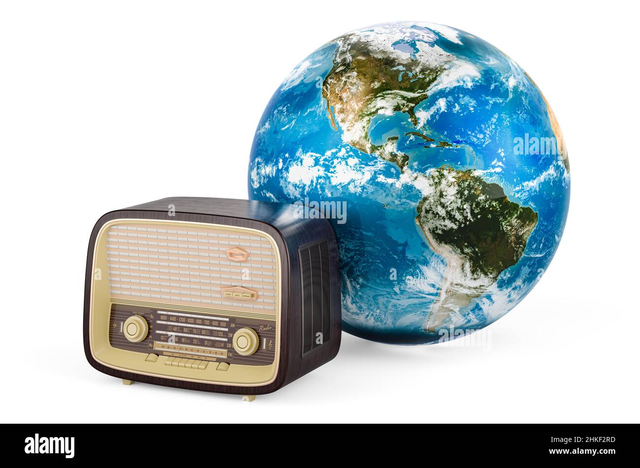 Ricevitore radio vintage con Earth Globe. Giornata mondiale della radio, concetto. 3D rendering isolato su sfondo bianco Foto Stock