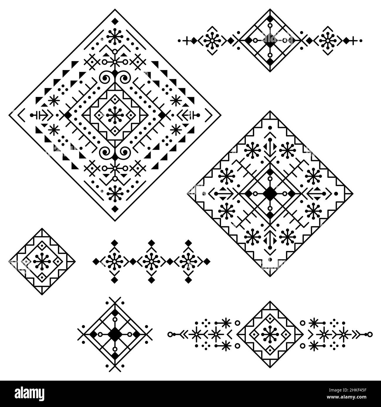 Linea tribale geometrica art vettoriale set design quadrato, collezione di motivi astratti ispirati all'arte delle rune nordiche vichinghe islandesi Illustrazione Vettoriale