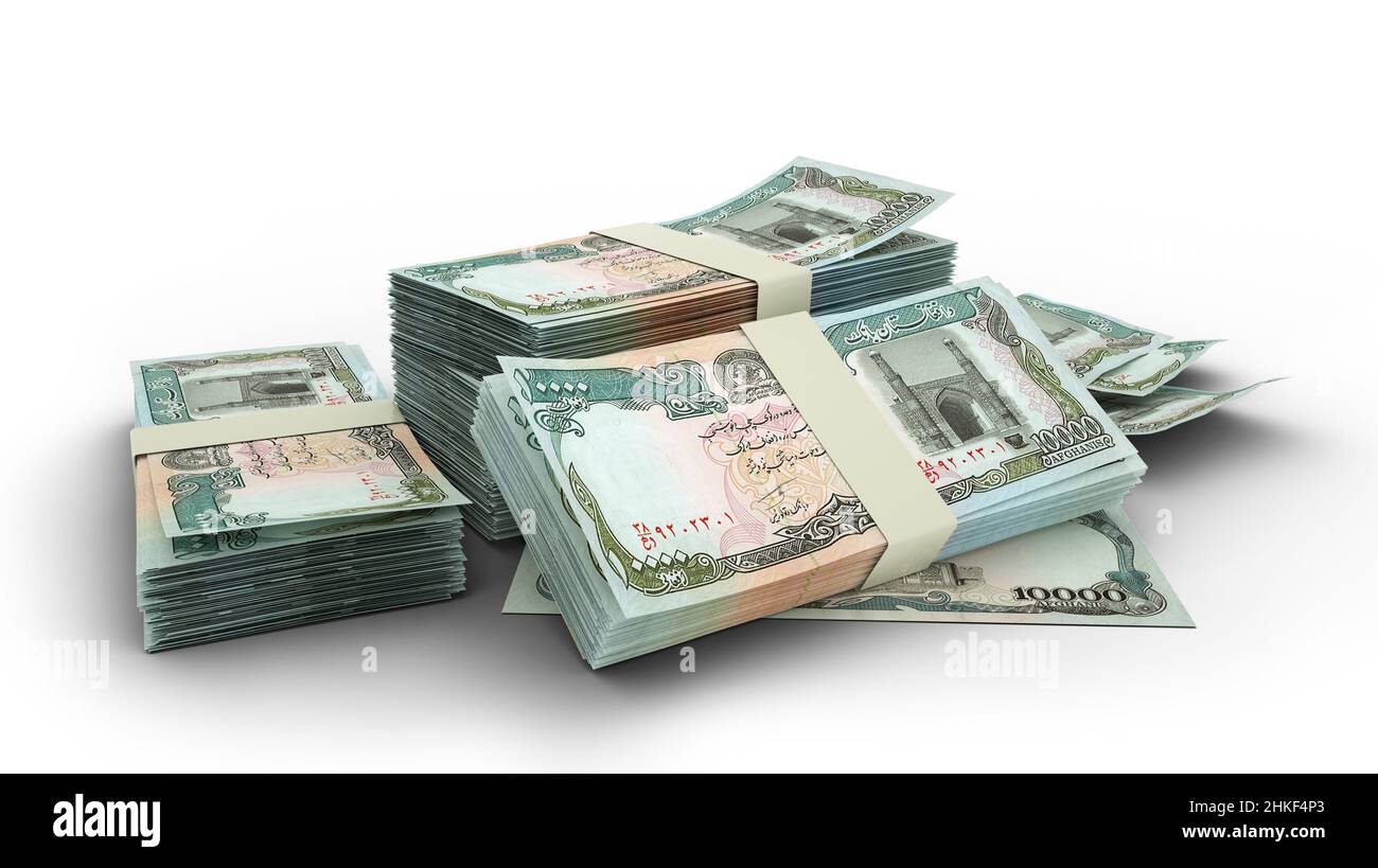 3D Stack di 10000 afghani afghani note isolate su sfondo bianco Foto Stock