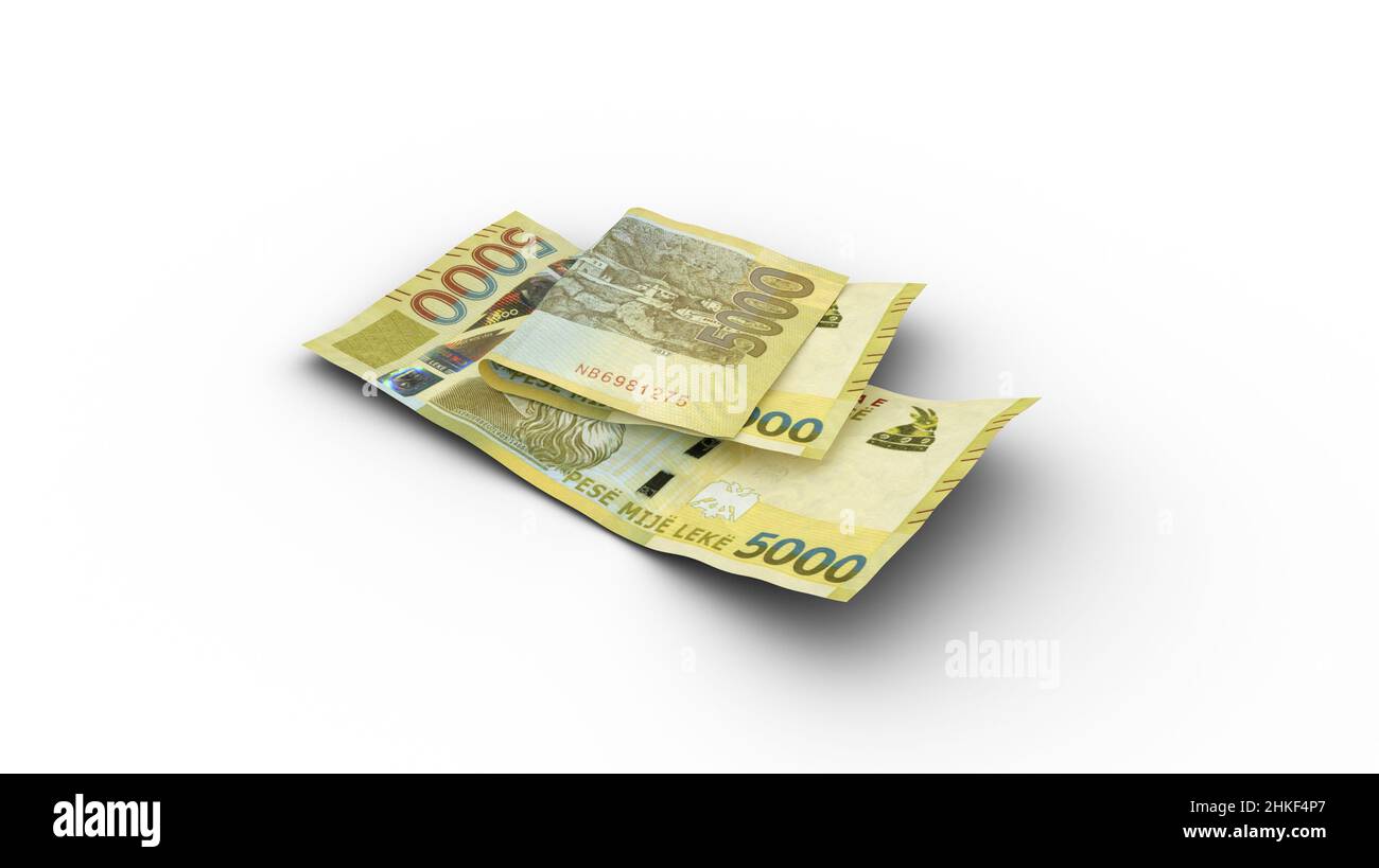 3D rendering di Double 5000 note di lek albanese con ombre su sfondo bianco Foto Stock