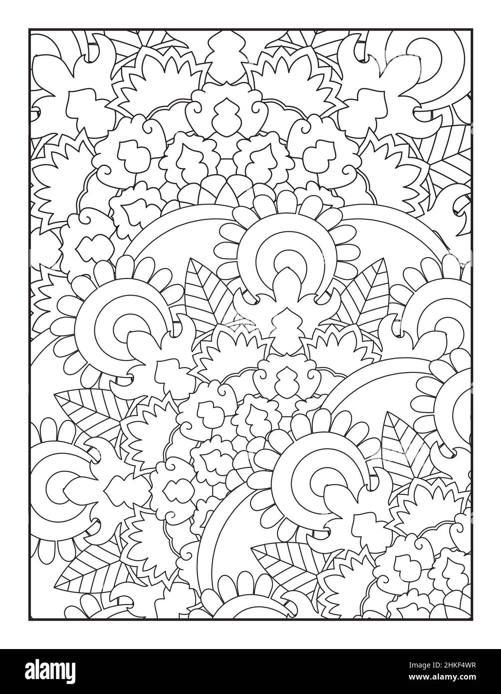 Pagina da colorare Mandala. Pagina di colorazione floreale. Pagina colorazione fiori. Pagina colorazione modello Mandala. Sfondo con motivi floreali. Sfondo floreale. Foto Stock