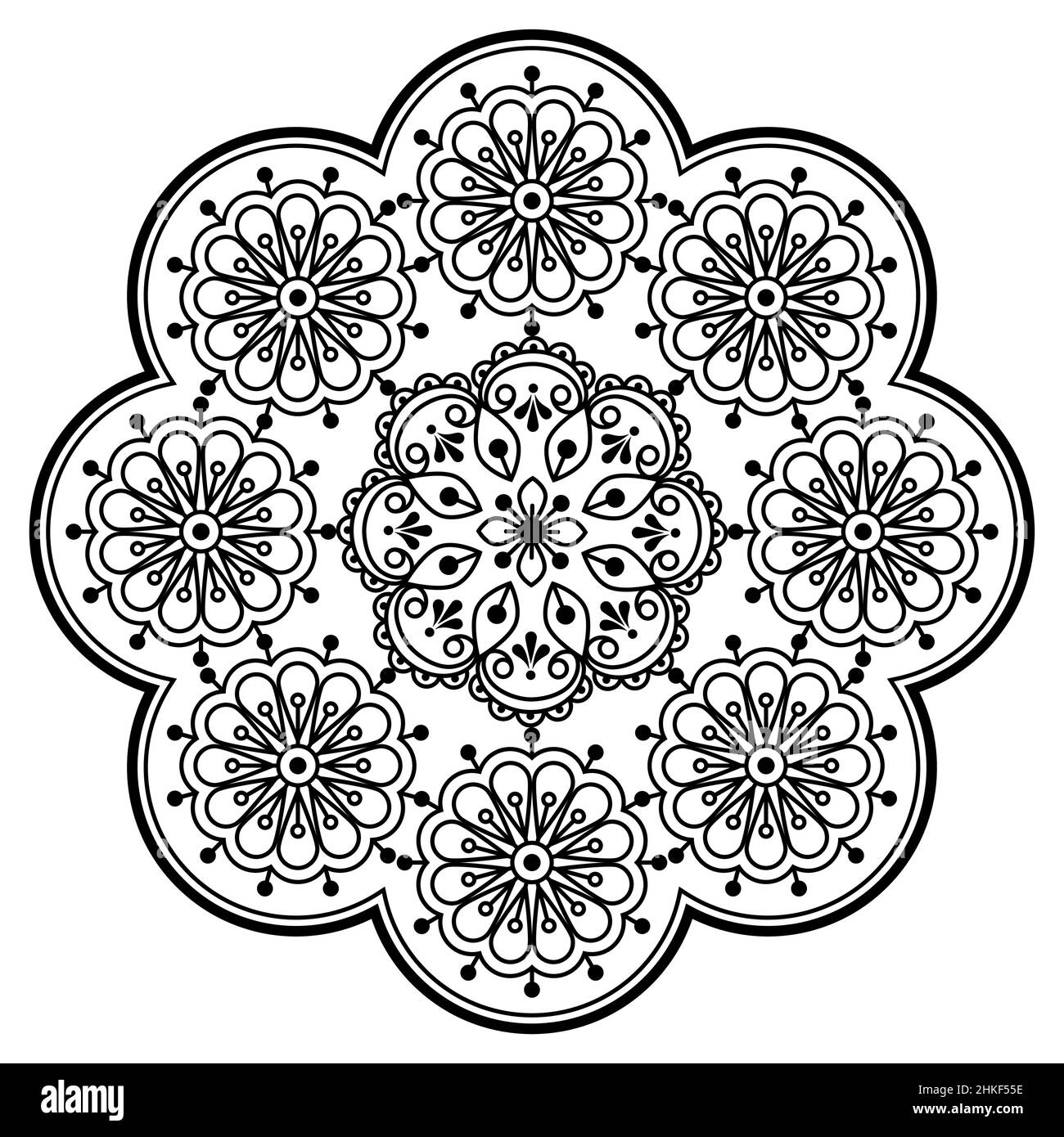 Ricamo vettoriale retro scandinavo arte popolare stile mandala design con fiori perfetto per biglietto d'auguri o invito di nozze in bianco e nero Illustrazione Vettoriale