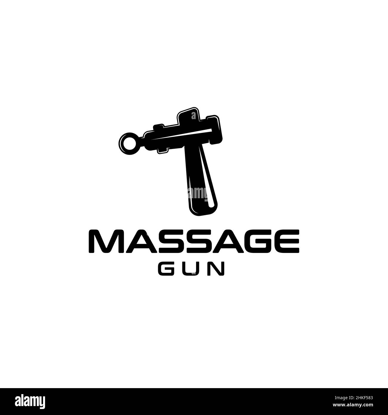 Logo della pistola da massaggio, icona del modello di design per la cura del corpo, corpo massaggiante per atleti. Aiuta a rilassare il dolore muscolare e la rigidità Illustrazione Vettoriale