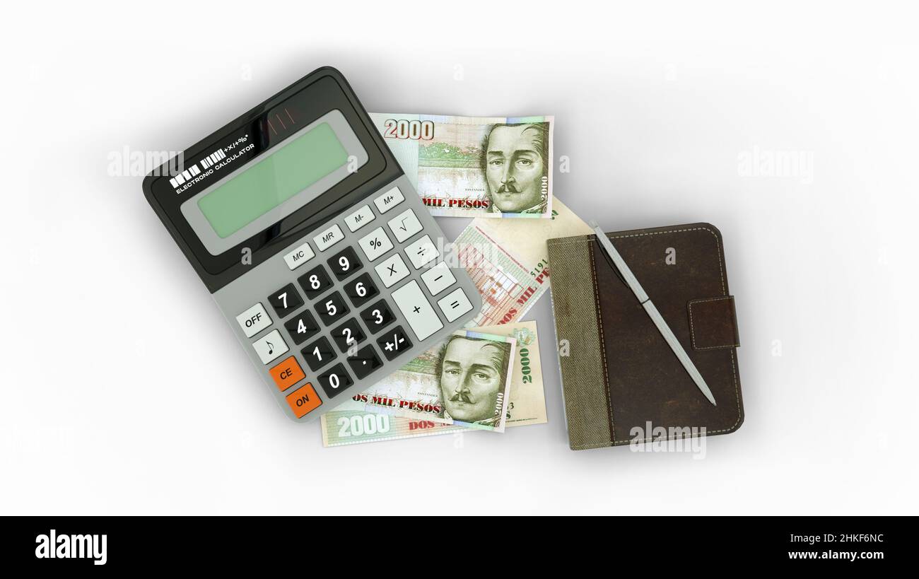 3D rendering di una composizione isolata di note di peso colombiane, di un calcolatore, di un libro di note e di una penna Foto Stock
