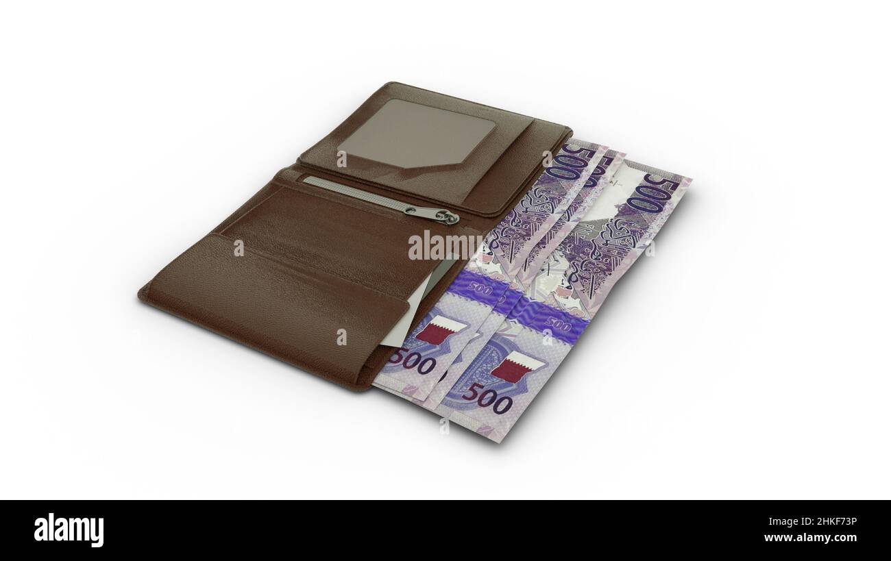Rendering 3D delle note Riyal Qatar nel portafoglio Foto Stock