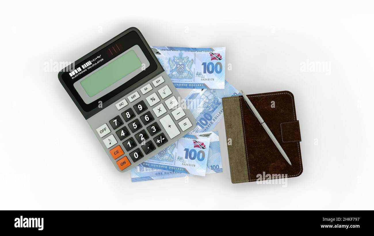 3D rendering di una composizione isolata di banconote da dollaro di Trinidad e Tobago, un calcolatore, un libro di note e una penna Foto Stock