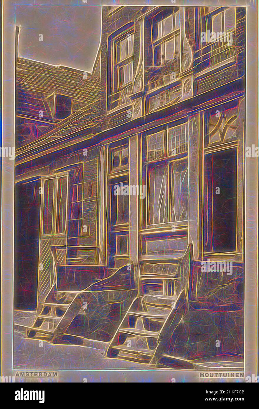 Ispirato ad Amsterdam. Houttuinen, produttore:, stampante: Gebrs. Van Rijkom, Amsterdam, 1875 - 1930, collotype, altezza 140 mm x larghezza 90 mm, Reimagined by Artotop. L'arte classica reinventata con un tocco moderno. Design di calda e allegra luminosità e di raggi di luce. La fotografia si ispira al surrealismo e al futurismo, abbracciando l'energia dinamica della tecnologia moderna, del movimento, della velocità e rivoluzionando la cultura Foto Stock