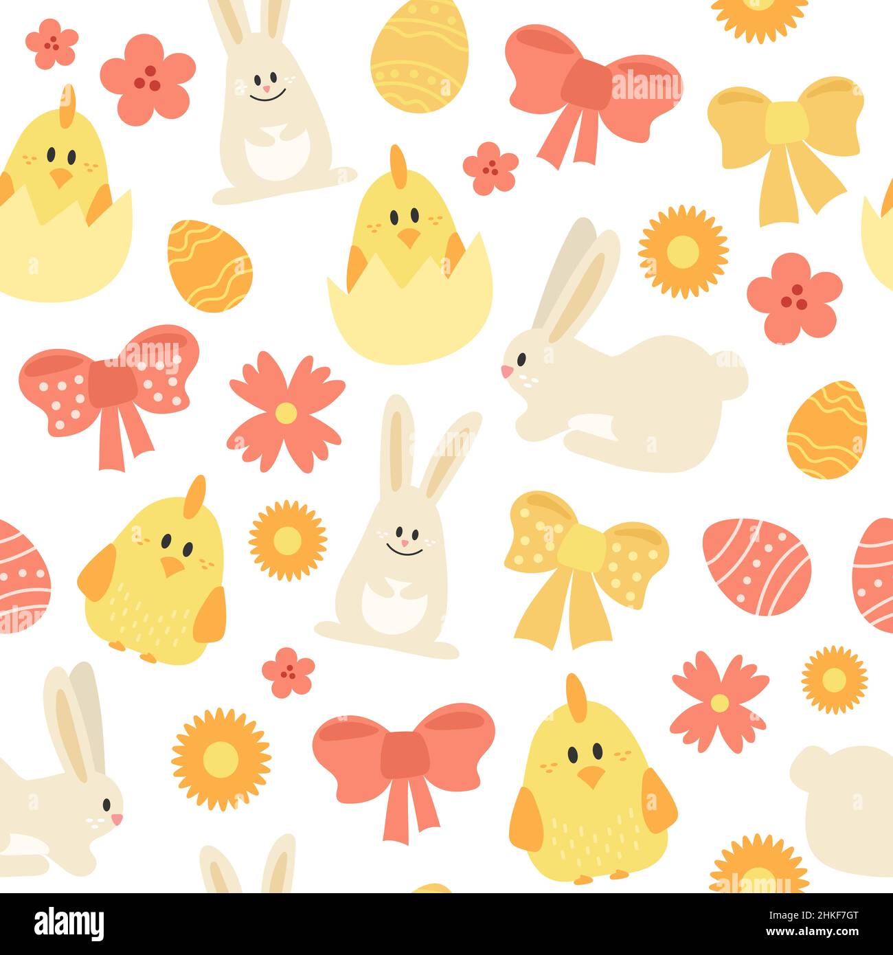 Modello senza cuciture con uova di Pasqua, polli e coniglietti. Disegno di Pasqua su sfondo bianco. Colori rosso e giallo Illustrazione Vettoriale
