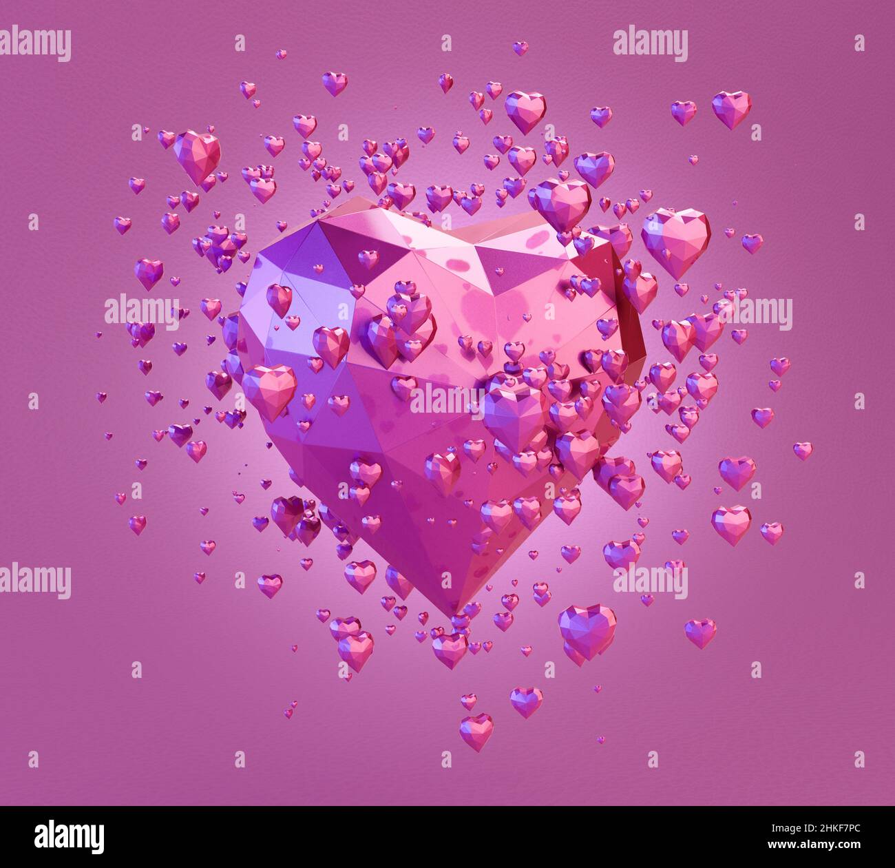 Una raccolta di forme basse di cuore rosa poliangolare che circondano un cuore più grande su uno sfondo rosa - 3D rendering Foto Stock
