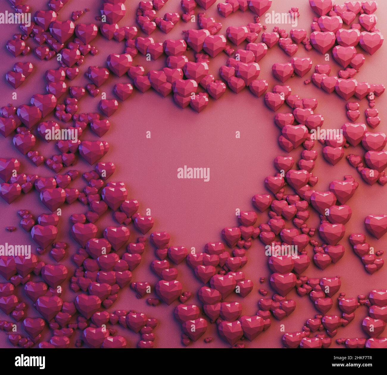 Una raccolta di forme basse di cuore rosa poliangolare che circondano la forma di un cuore più grande su uno sfondo di tessuto rosa - 3D rendering Foto Stock