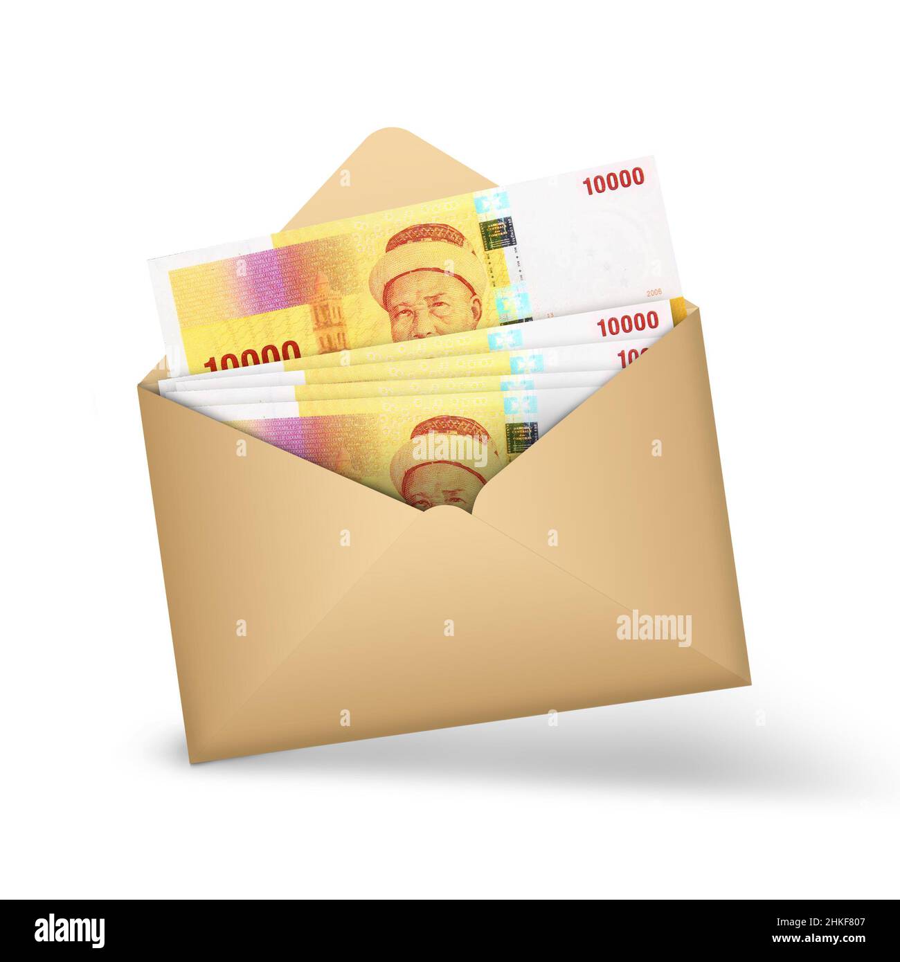 Il franco comoriano nota all'interno di una busta marrone aperta. 3D illustrazione del denaro in busta aperta Foto Stock