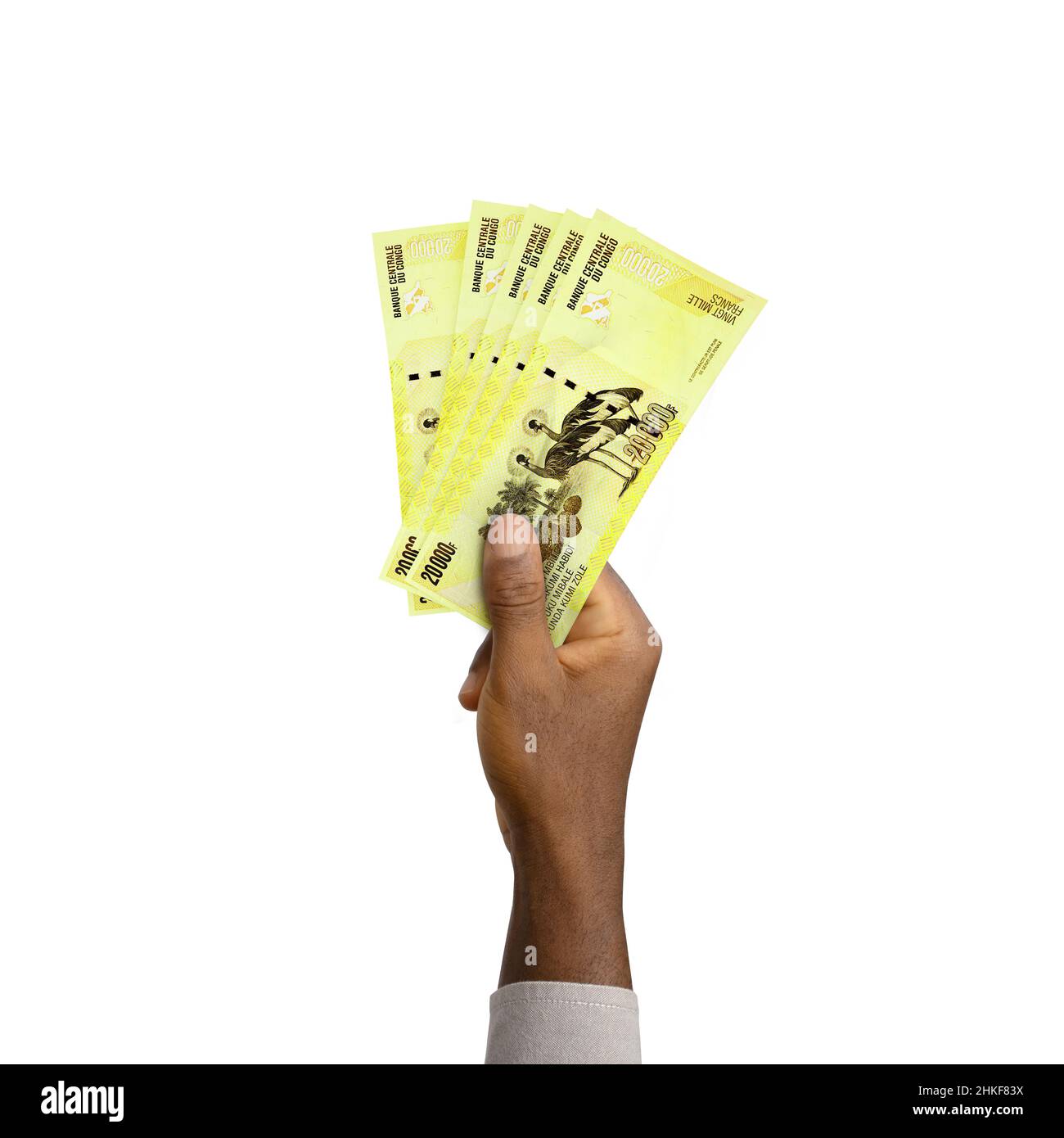 Mano nera con 3D banconote in franco congolese rese Foto Stock