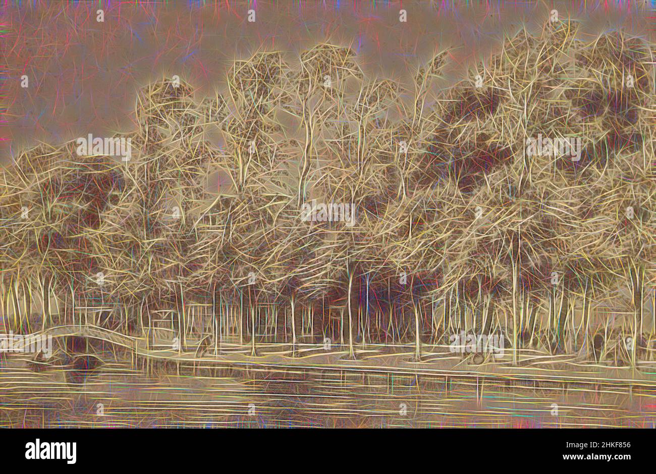 Ispirato dalla riproduzione fotografica di una stampa di una casa sull'acqua vicino a Delft, Hendrik Rudolph Voet, Delft, 1850 - 1900, stampa albume, Altezza 63 mm x larghezza 101 mm, reinventata da Artotop. L'arte classica reinventata con un tocco moderno. Design di calda e allegra luminosità e di raggi di luce. La fotografia si ispira al surrealismo e al futurismo, abbracciando l'energia dinamica della tecnologia moderna, del movimento, della velocità e rivoluzionando la cultura Foto Stock