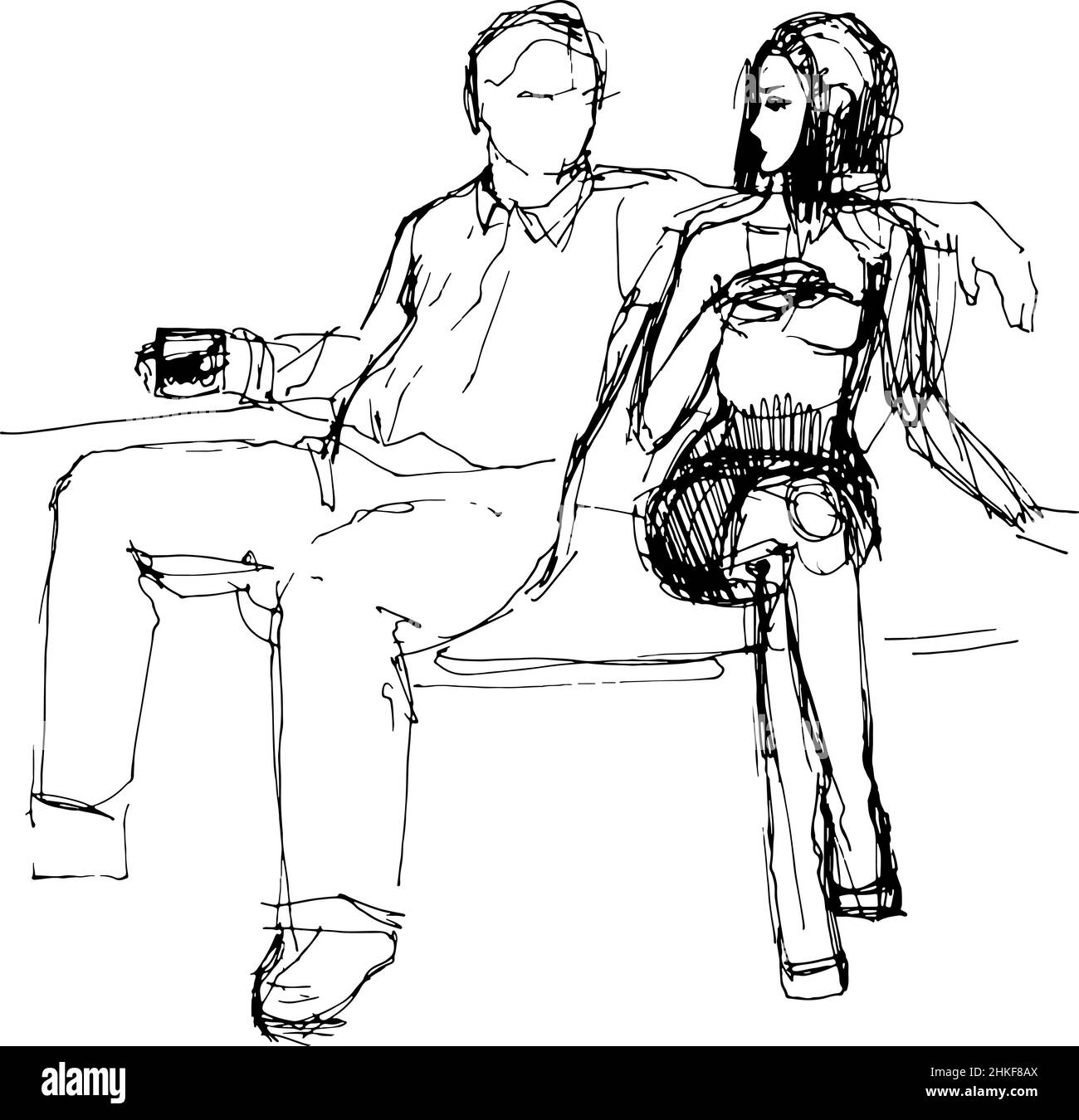 disegno vettoriale del ragazzo sul banco abbracci ragazza Foto Stock