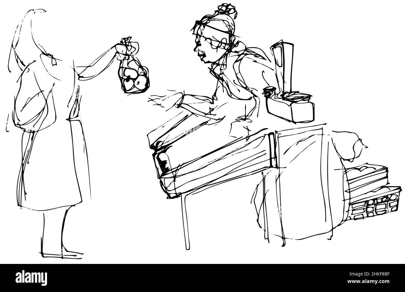 disegno vettoriale di una donna al mercato che acquista mele Foto Stock