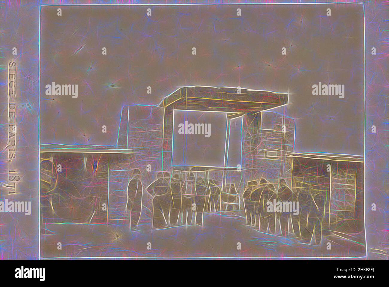 Ispirato dal cancello della città custodito durante l'assedio di Parigi nel 1871, Siege de Paris, 1871, JR, Parigi, 19-set-1870 - 28-gen-1871, stampa albume, altezza 108 mm x larghezza 165 mm, reinventata da Artotop. L'arte classica reinventata con un tocco moderno. Design di calda e allegra luminosità e di raggi di luce. La fotografia si ispira al surrealismo e al futurismo, abbracciando l'energia dinamica della tecnologia moderna, del movimento, della velocità e rivoluzionando la cultura Foto Stock