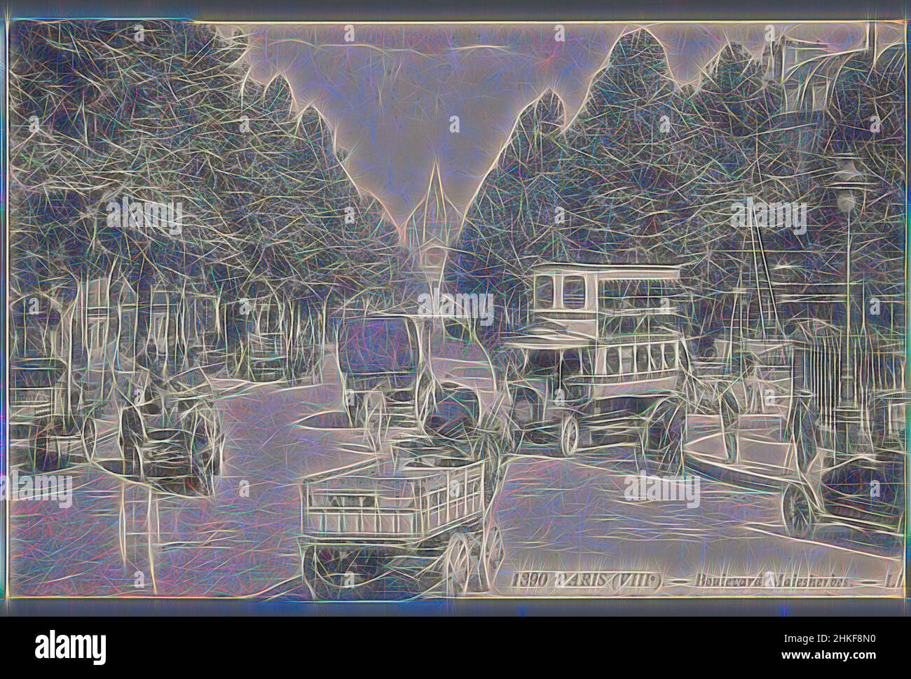 Ispirato da Parigi (VIIIe). - Boulevard Malesherbes, costruttore: Léon & Lévy, 1911, carta, collotipo, altezza 90 mm x larghezza 139 mm, Reimagined by Artotop. L'arte classica reinventata con un tocco moderno. Design di calda e allegra luminosità e di raggi di luce. La fotografia si ispira al surrealismo e al futurismo, abbracciando l'energia dinamica della tecnologia moderna, del movimento, della velocità e rivoluzionando la cultura Foto Stock
