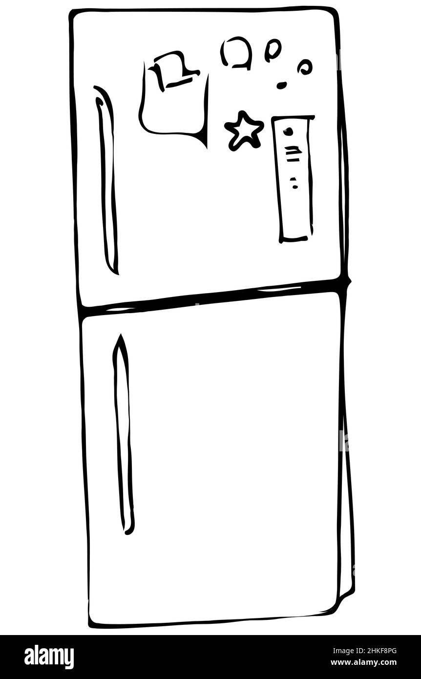 frigorifero vettoriale bianco e nero con adesivi sulle porte Foto Stock