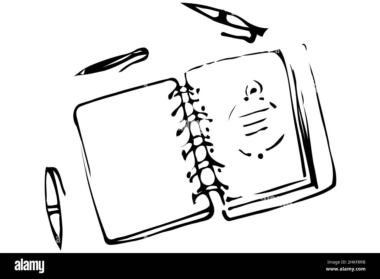 disegno vettoriale in bianco e nero di un notebook aperto e penne a sfera Foto Stock