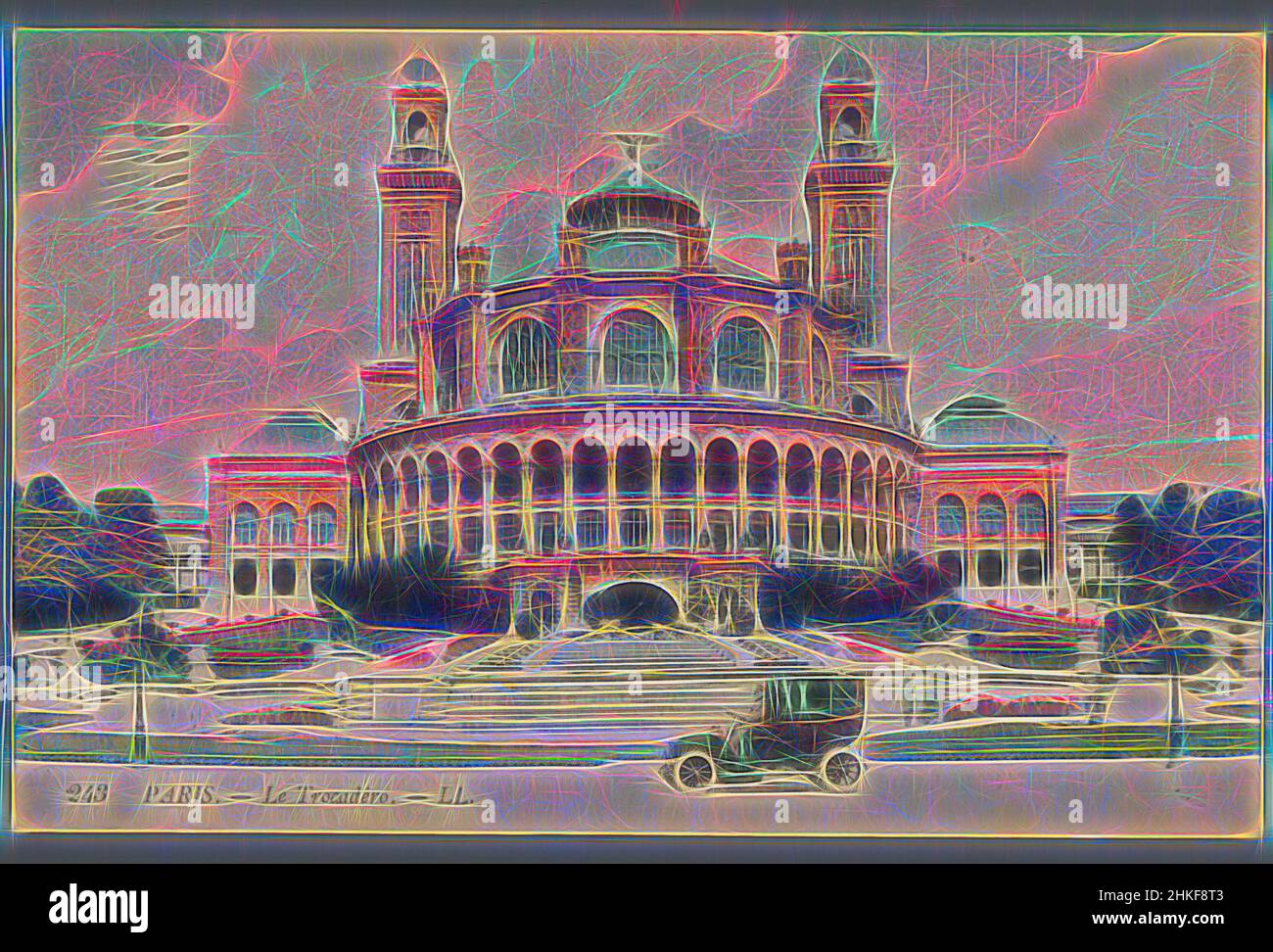 Ispirato a Parigi. - Le Trocadero, costruttore: Léon & Lévy, Palais du Trocadéro, 1913, carta, collotipo, Scrittura (processi), altezza 89 mm x larghezza 138 mm, reinventata da Artotop. L'arte classica reinventata con un tocco moderno. Design di calda e allegra luminosità e di raggi di luce. La fotografia si ispira al surrealismo e al futurismo, abbracciando l'energia dinamica della tecnologia moderna, del movimento, della velocità e rivoluzionando la cultura Foto Stock