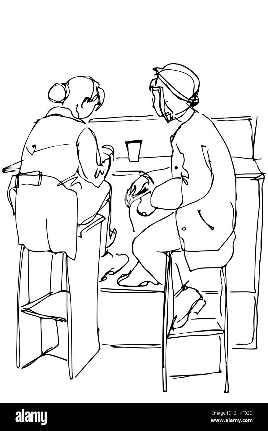 disegno vettoriale bianco e nero di due donne su sgabelli alti che bevono caffè Foto Stock