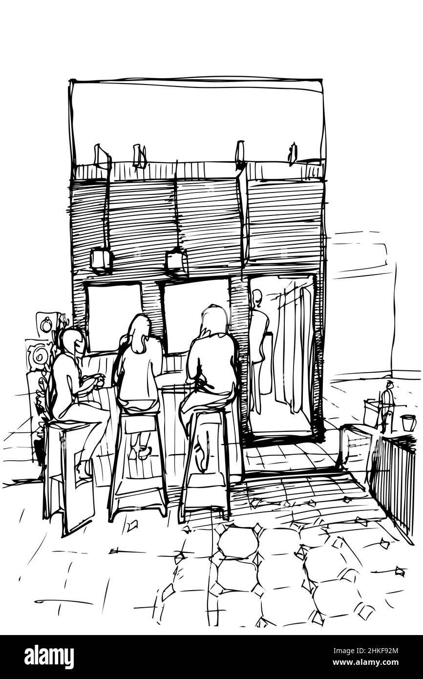 disegno vettoriale bianco e nero di tre donne sugli sgabelli alti che bevono caffè Foto Stock