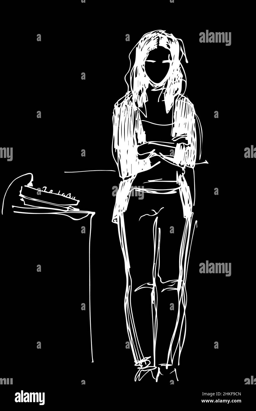 disegno vettoriale bianco e nero di una ragazza in piedi alla console di miscelazione Foto Stock