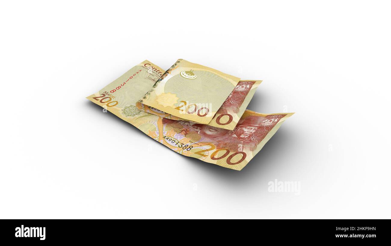 3D rendering di Double 200 note Lesothan Loti con ombre su sfondo bianco Foto Stock