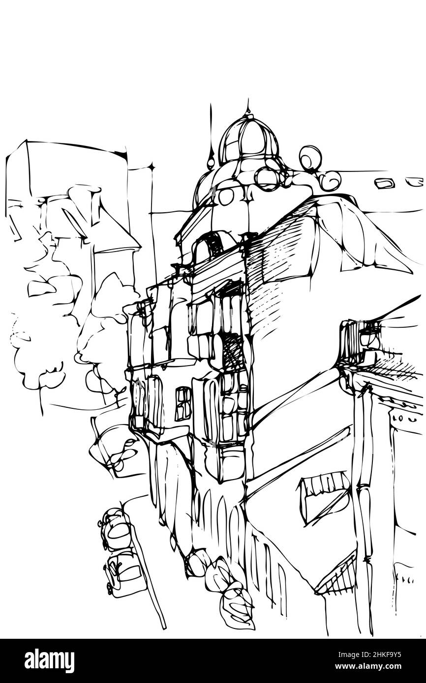 disegno vettoriale bianco e nero di paesaggio urbano Foto Stock