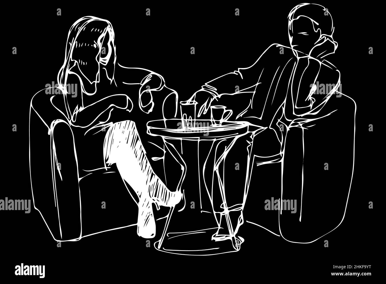 disegno vettoriale in bianco e nero di una giovane coppia in un bar a un tavolo Foto Stock