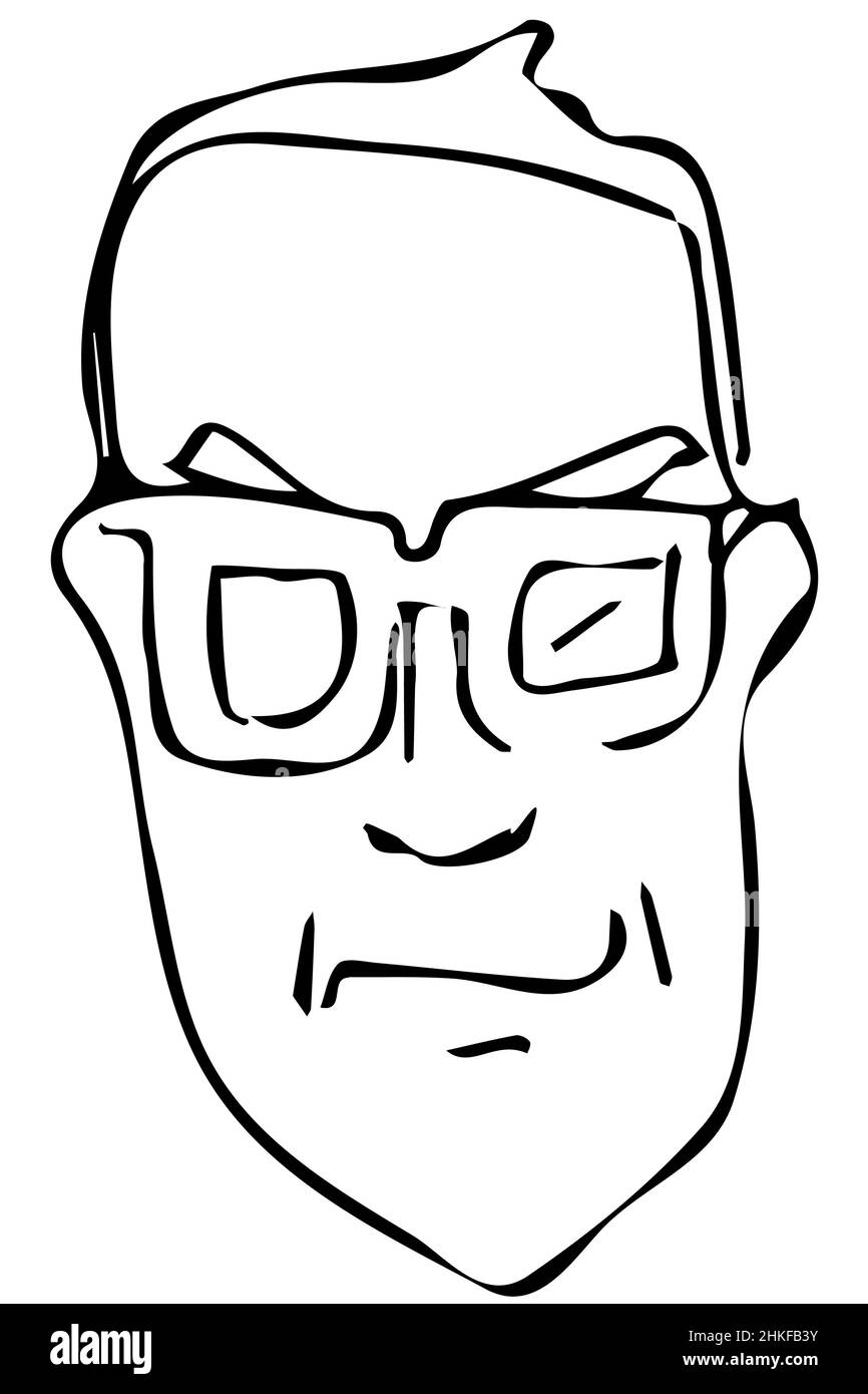 disegno vettoriale bianco e nero del volto di un maschio adulto con occhiali Foto Stock