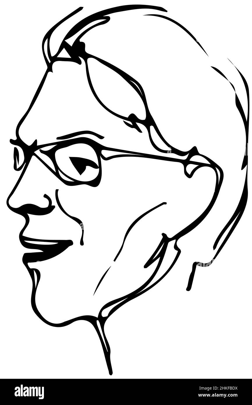 disegno vettoriale bianco e nero del volto di un maschio adulto con occhiali Foto Stock