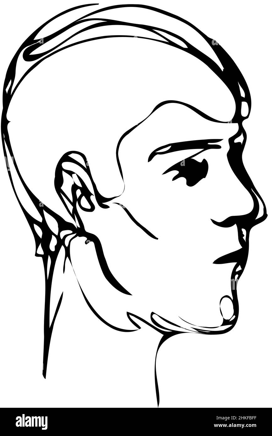 Disegno vettoriale in bianco e nero di un profilo giovane Foto Stock