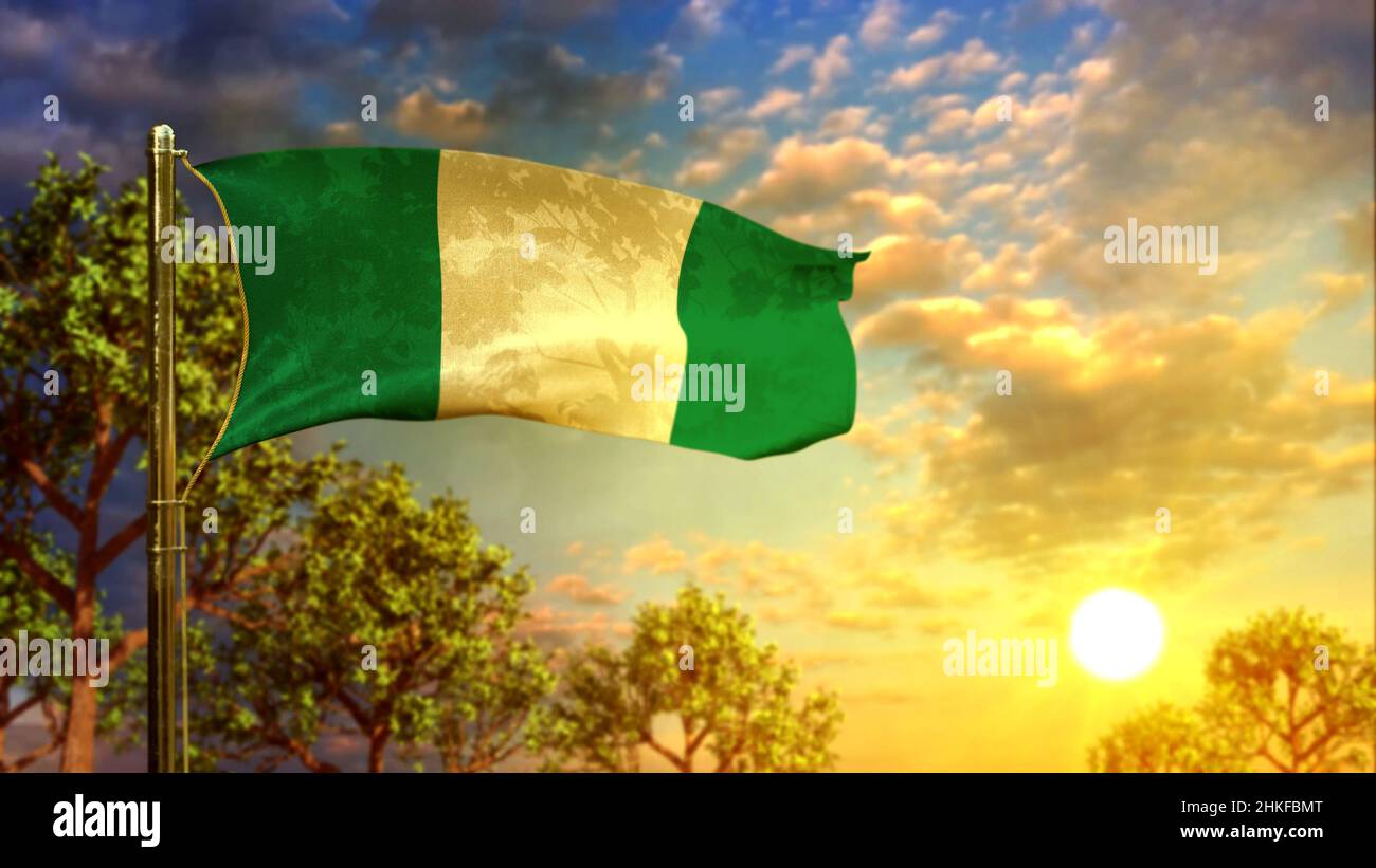 Sventolare la bandiera della Nigeria al tramonto per le vacanze di stato - astratto 3D rendering Foto Stock