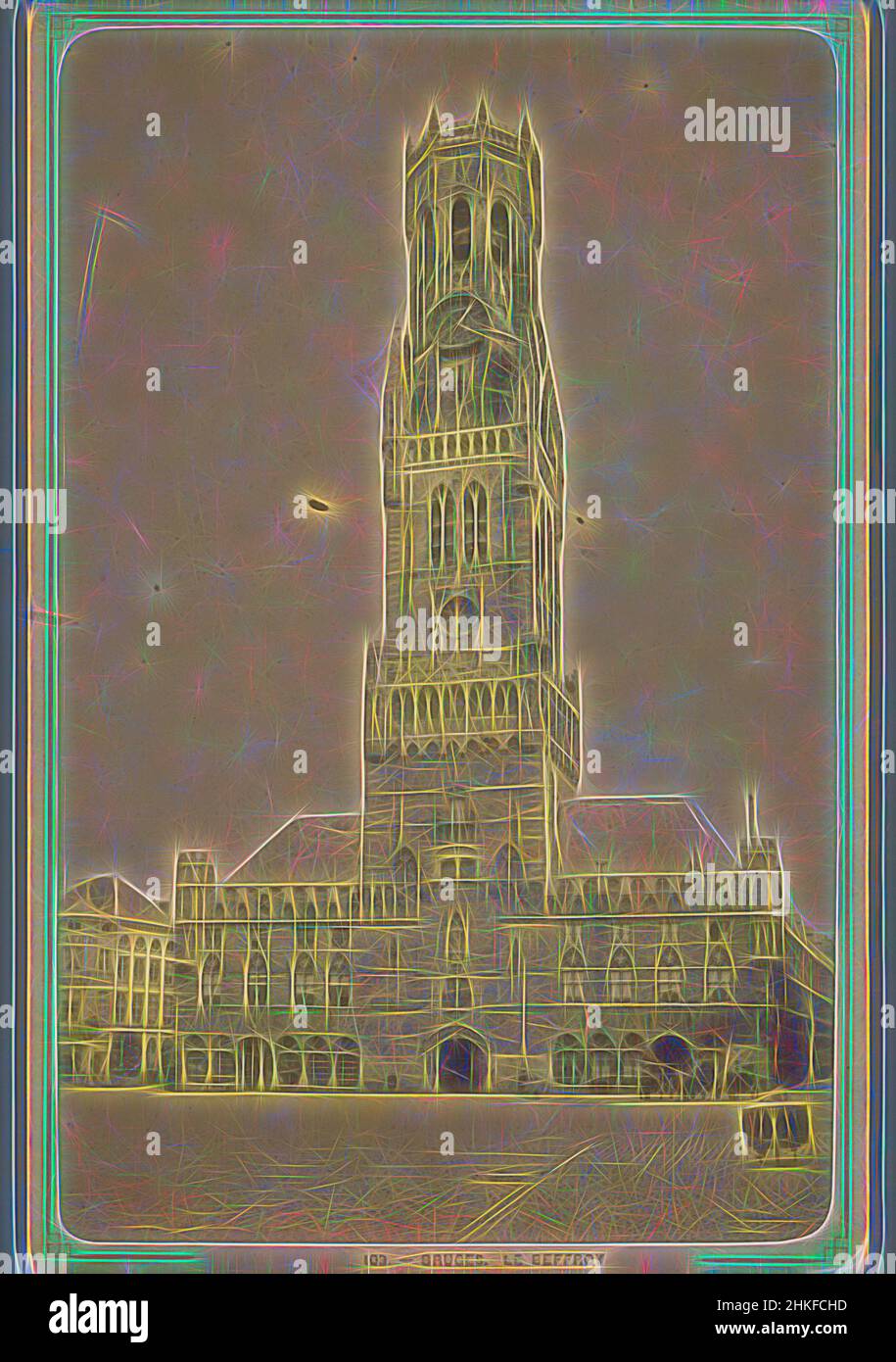 Ispirato alla vista del Campanile di Bruges, Bruges. Le Beffroy, Léon & Lévy, Belfort, 1864 - 1900, stampa albume, Altezza 165 mm x larghezza 108 mm, reinventata da Artotop. L'arte classica reinventata con un tocco moderno. Design di calda e allegra luminosità e di raggi di luce. La fotografia si ispira al surrealismo e al futurismo, abbracciando l'energia dinamica della tecnologia moderna, del movimento, della velocità e rivoluzionando la cultura Foto Stock
