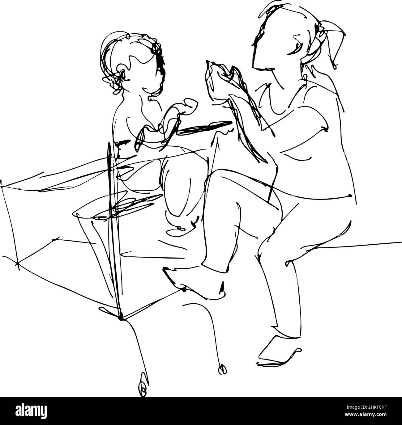 disegno bianco e nero di mia madre seduta su una panca in un supermercato del cestino del bambino Foto Stock