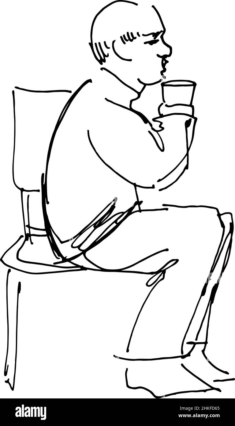 nonno vettoriale di schizzo bianco e nero che beve da un bicchiere seduto su una sedia Foto Stock