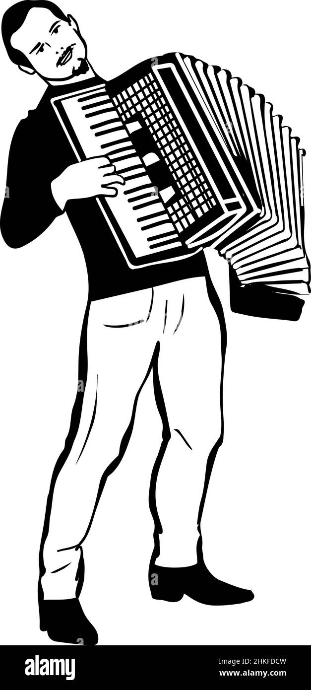 disegno bianco e nero di un uomo che suona la fisarmonica Foto Stock