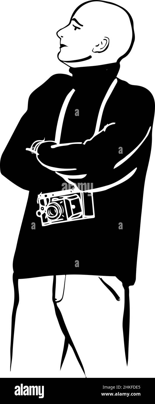 disegno bianco e nero di un fotografo calvo con vecchia macchina fotografica Foto Stock
