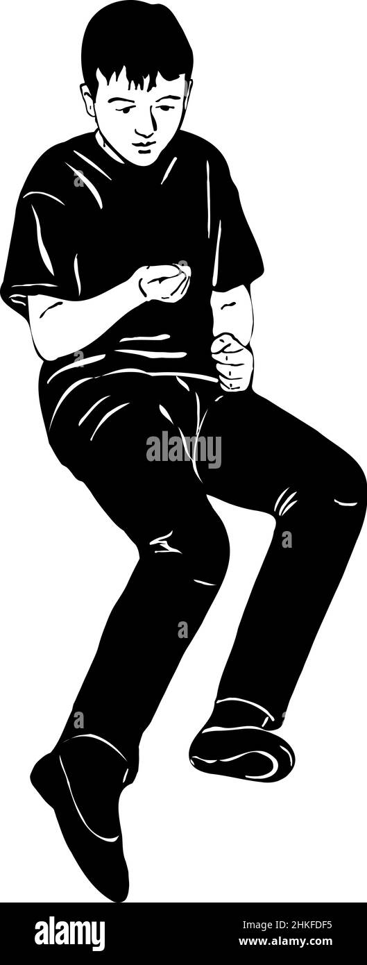 disegno vettoriale bianco e nero di un giovane uomo vede qualcosa in mano Foto Stock