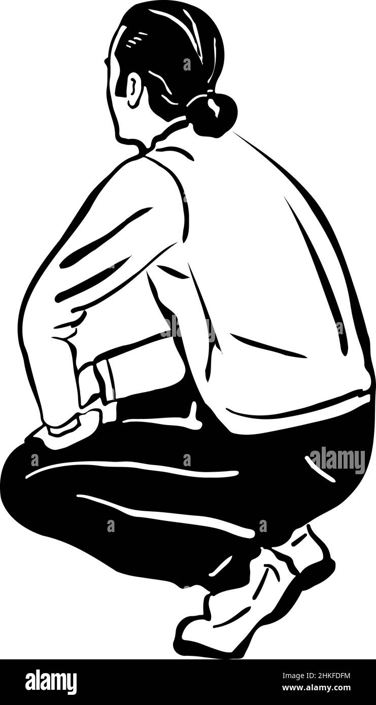 disegno vettoriale bianco e nero di un uomo accovacciato Foto Stock