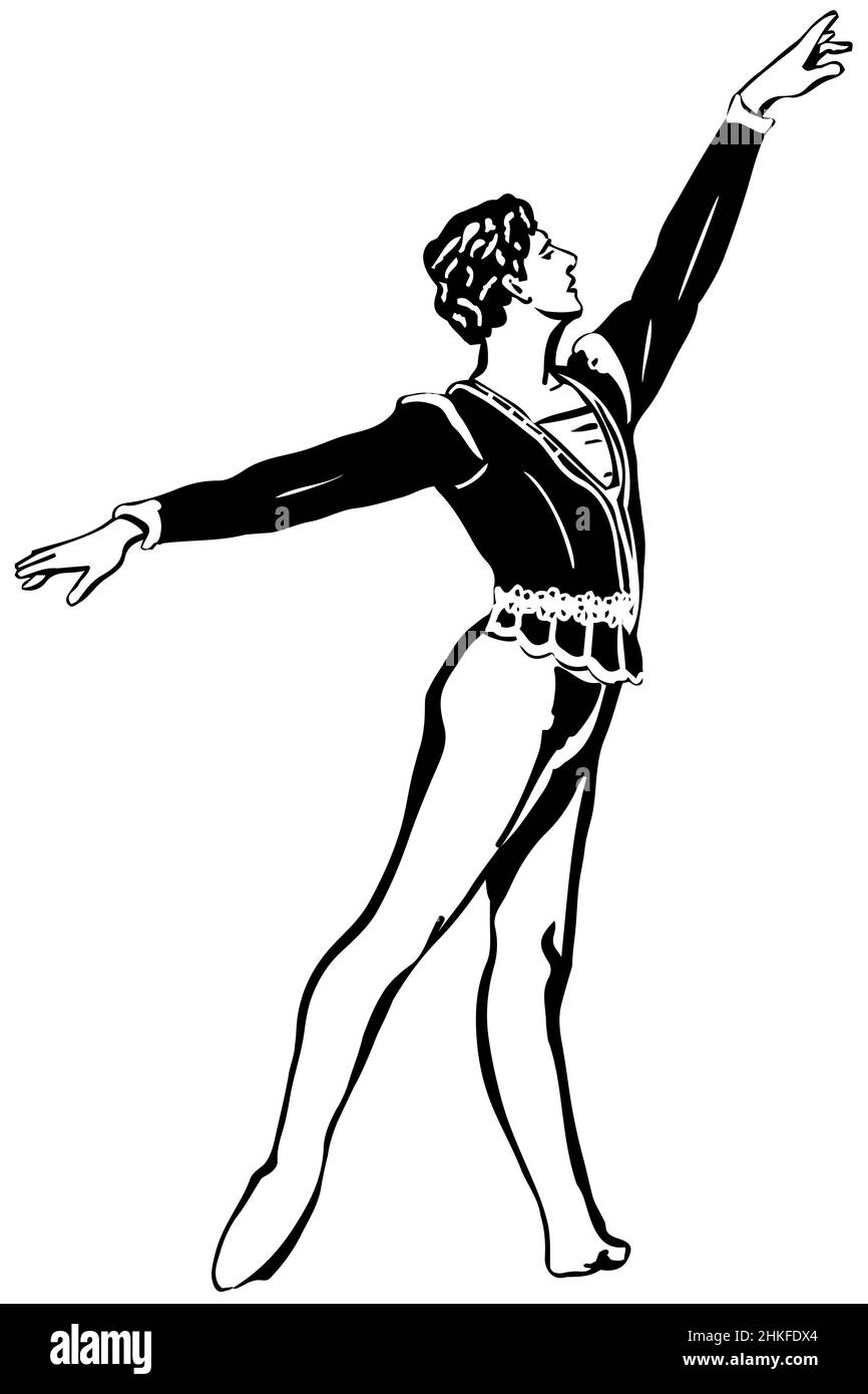 il disegno vettoriale bianco e nero di un solista maschile di balletto classico è in posa Foto Stock