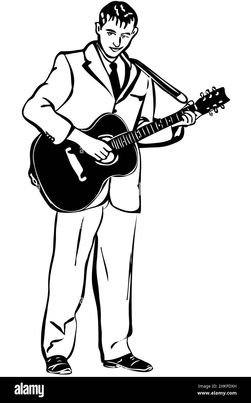 disegno vettoriale bianco e nero di un uomo che suona una chitarra acustica Foto Stock