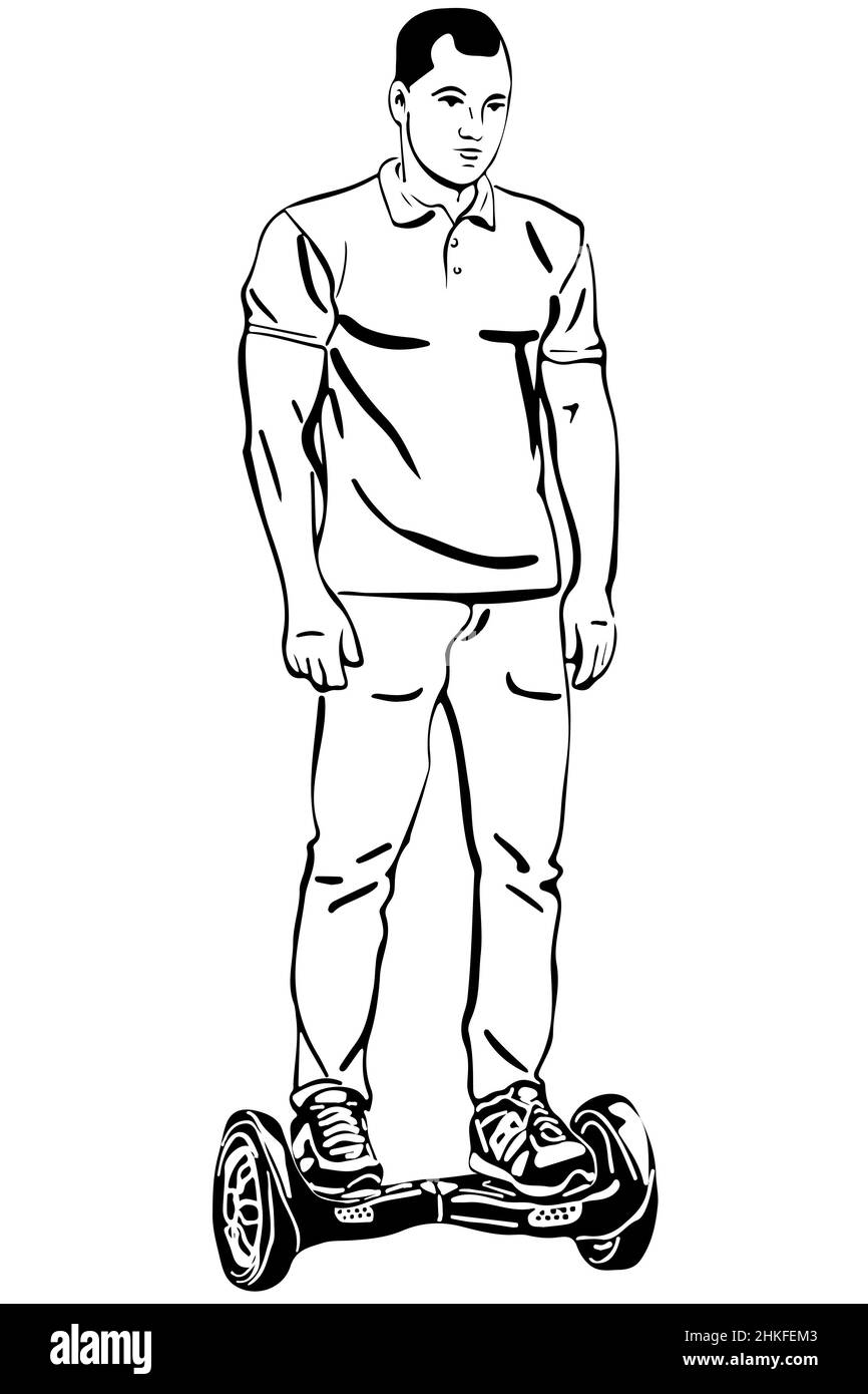 Disegno vettoriale bianco e nero di un giovane che guida un giroscopio Foto Stock