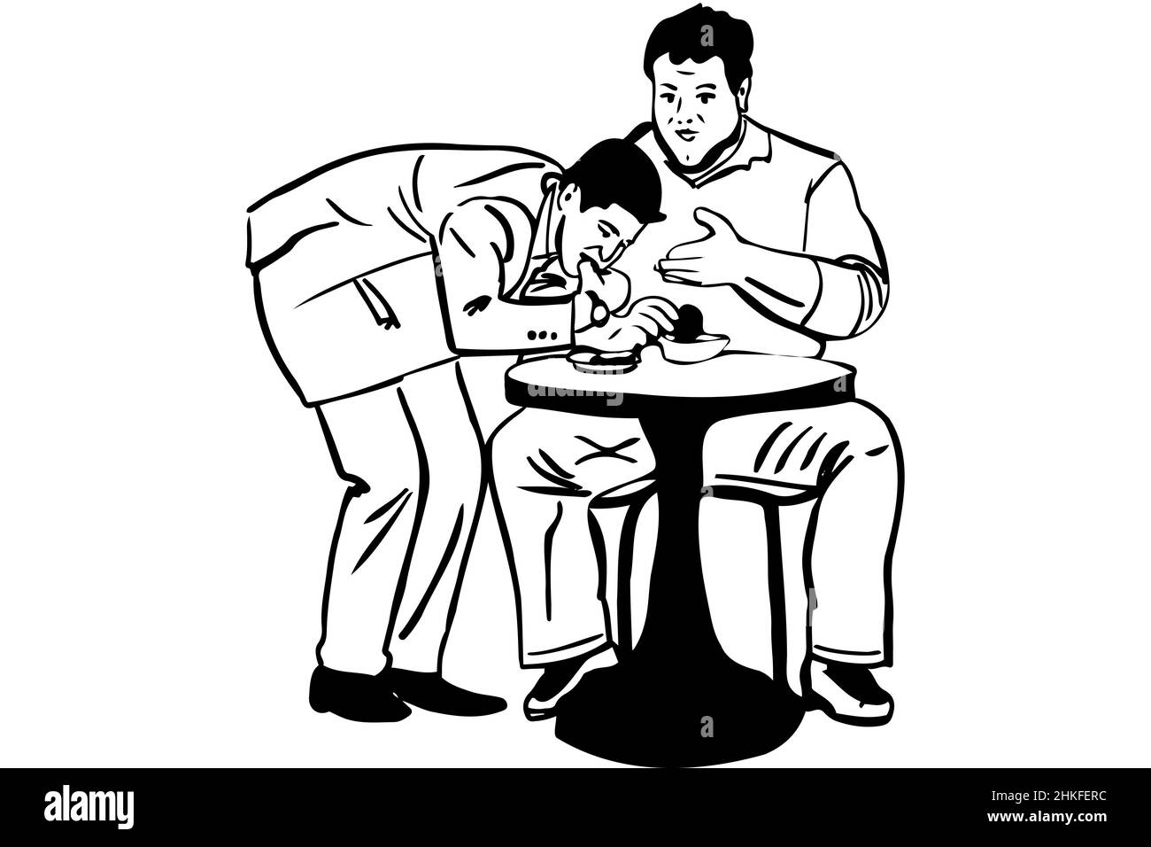 il disegno vettoriale bianco e nero di un uomo sottile prende il cibo da un uomo grasso in un caffè Foto Stock